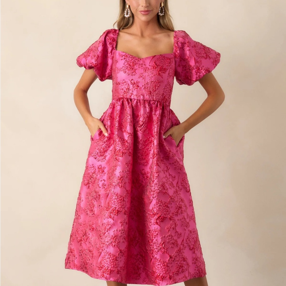 Sugarlips Pink Jacquard Puff-Sleeve Midi Dress
